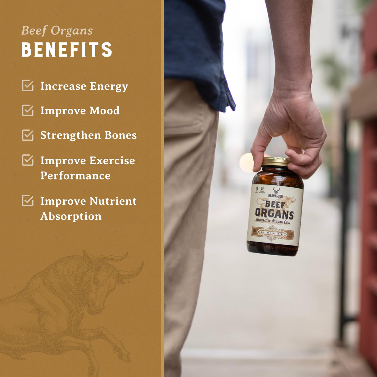 HEART & SOIL – 3000mg Grass-Fed Beef Organ Supplement for Women & Men with Liver, Heart, Kidney, Pancreas & Spleen for Full-Body Nutrition & Energy – Non-GMO, Allergen-Free – 180 Capsules