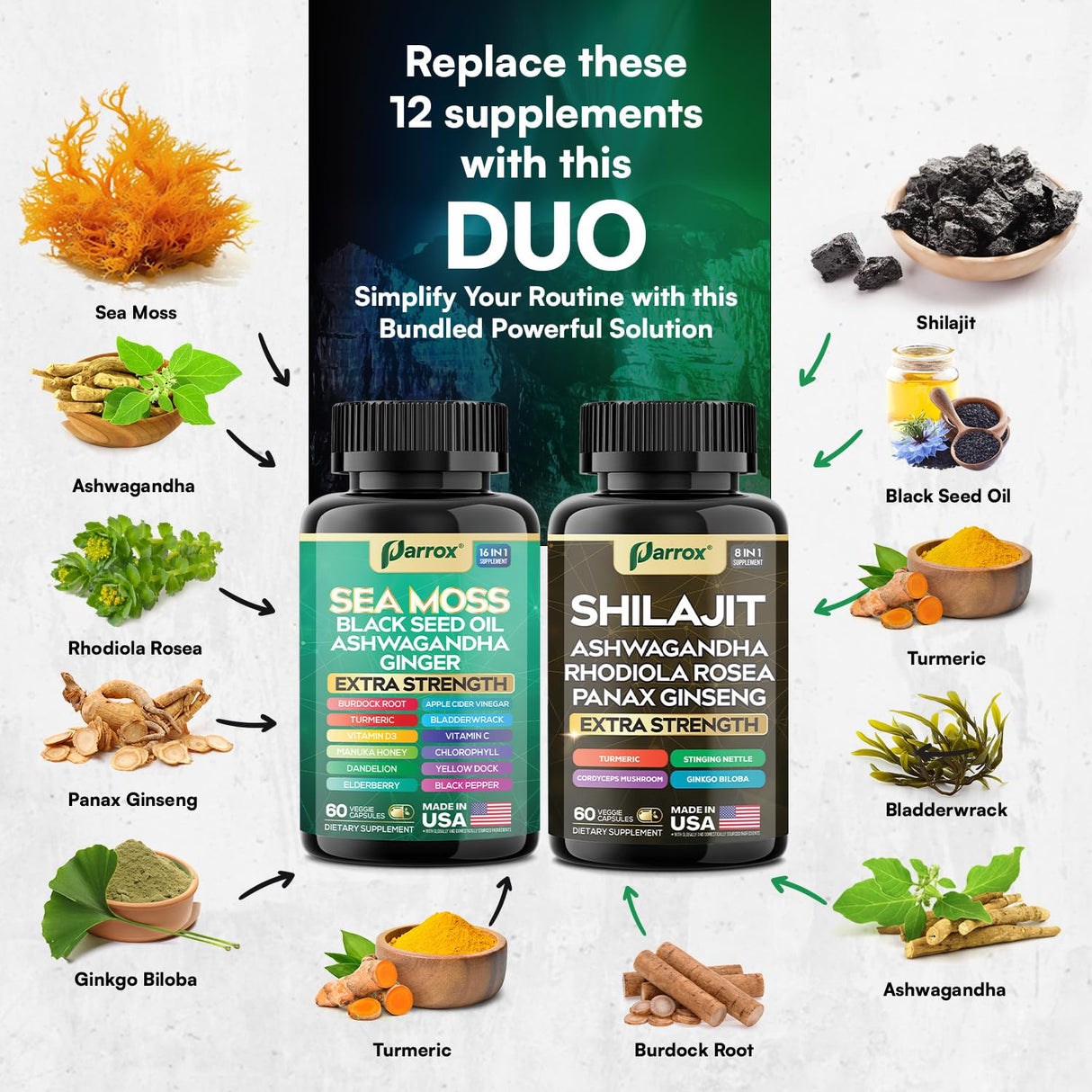 Parrox Shilajit and Sea Moss Bundle, Sea Moss 350mg, Black Seed Oil 200mg, Ashwagandha 100mg, Turmeric, Shilajit 300mg, Rhodiola Rosea 100mg, Panax Ginseng 50mg, Dynamic Vitality Bundle (1 Pack)