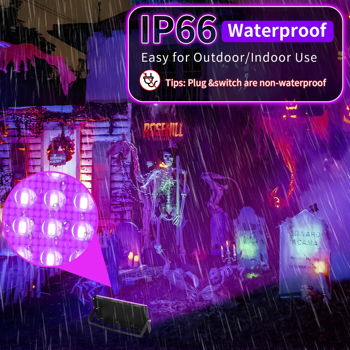 YAYIT 50W Black Lights with Switch+Plug, IP66 Waterproof, LED Blacklight Flood Light for Glow Party, Halloween, Bedroom, Fluorescent Poster, Body Paint, 2 Pack