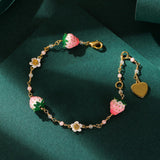 BSL juicy Women's Stylish Versatile Bracelet - Elegant White Flower, Pink Strawberry Charm, Fresh & Sweet Bohemian Design Jewelry, Perfect Friendship Gift for Friends & Loved Ones