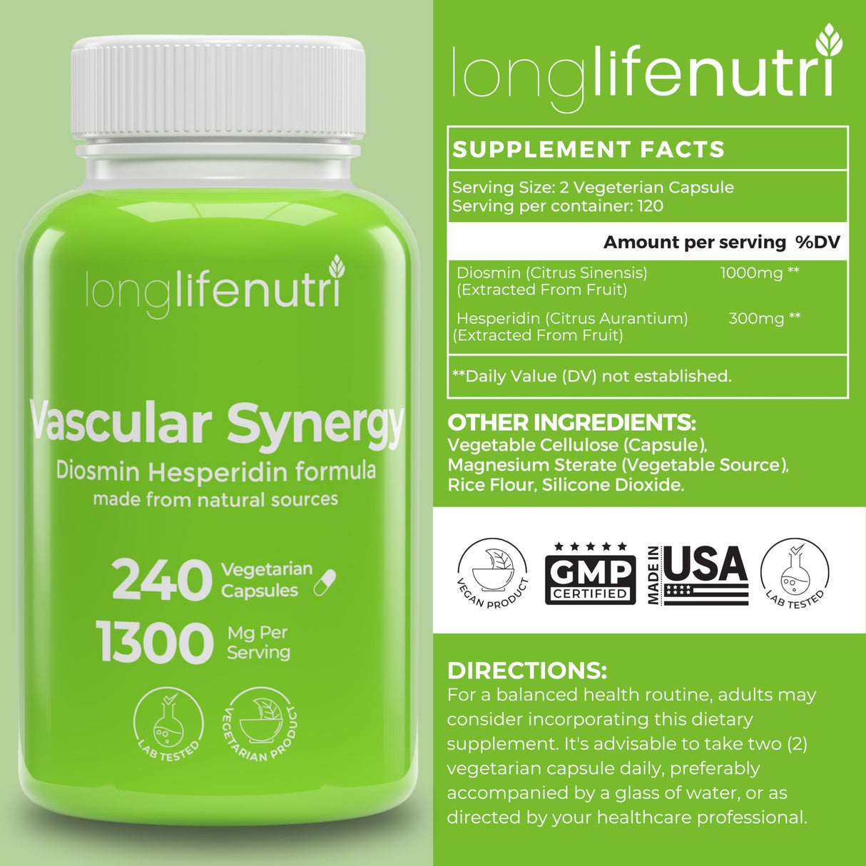 LongLifeNutri Diosmin Hesperidin Complex, Vascular Synergy 1000mg/300mg for Optimal Circulation & Vein Support: 240 Capsules, 120 Servings, 4-Month Supply, Made in USA