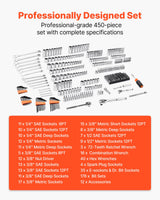 VEVOR Mechanics Tool Set and Socket Set, 450 Pcs, 1/4, 3/8 and 1/2 inch Drive Deep and Standard Sockets, SAE Metric Mechanic Tool Kit with Bits, Wrenches, Accessories, Storage Case with Orange Drawer