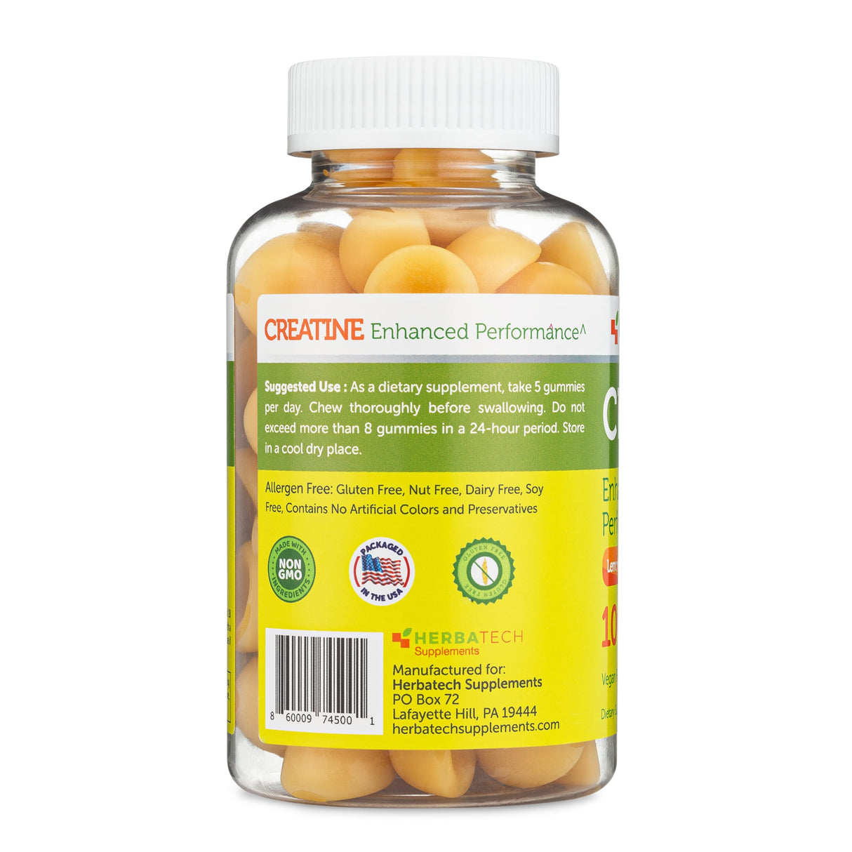 Herbatech Supplements Creatine Monohydrate Gummies for Men and Women (100 Count, Large Bottle Size, 5,000 mg) Natural Chew Bulk Size Made in The USA