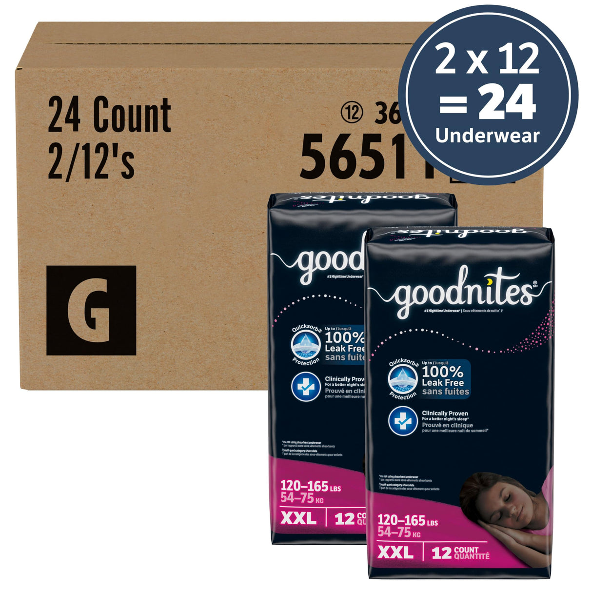 Goodnites Girls' Nighttime Underwear, Size XXL (120-165 lbs), 24 Ct (2 Packs of 12), Packaging May Vary