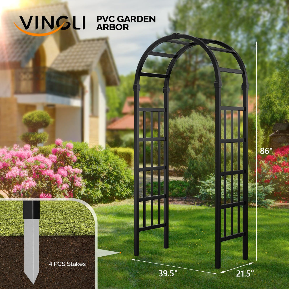 VINGLI Vinyl Garden Arbor, PVC Wedding Arch for Ceremony Party, Garden Trellis for Climbing Plants Outdoor, Arch Backdrop Stand for Garden, Backyard, Lawn (Black, 39.5in)