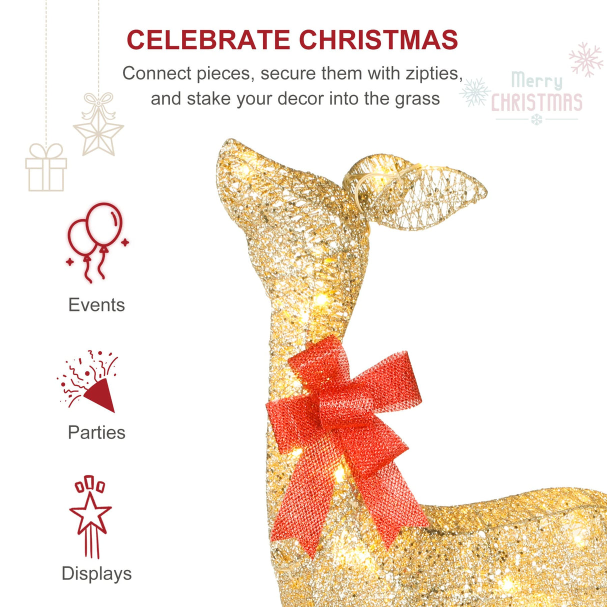 Lighted Christmas Decoration Deer 3 Piece, HOYECHI Light up Christmas Decor Reindeer Family Set for Indoor Outdoor Front Yard Porch with LED Lights, Plug, Ground Stakes - Gold