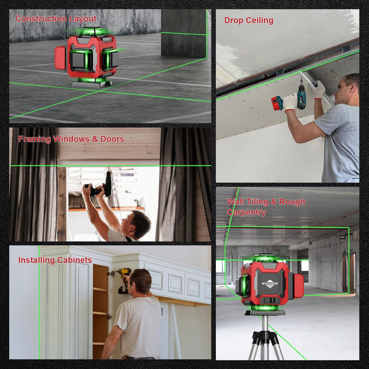 weiddw Laser Level with Tripod, Self Leveling Laser Level 4x360°, Green Line Laser 4D Laser Leveler Tool with 2Pcs Lithium Batteries for Picture Hanging, Tile, Home Renovation, Indoor