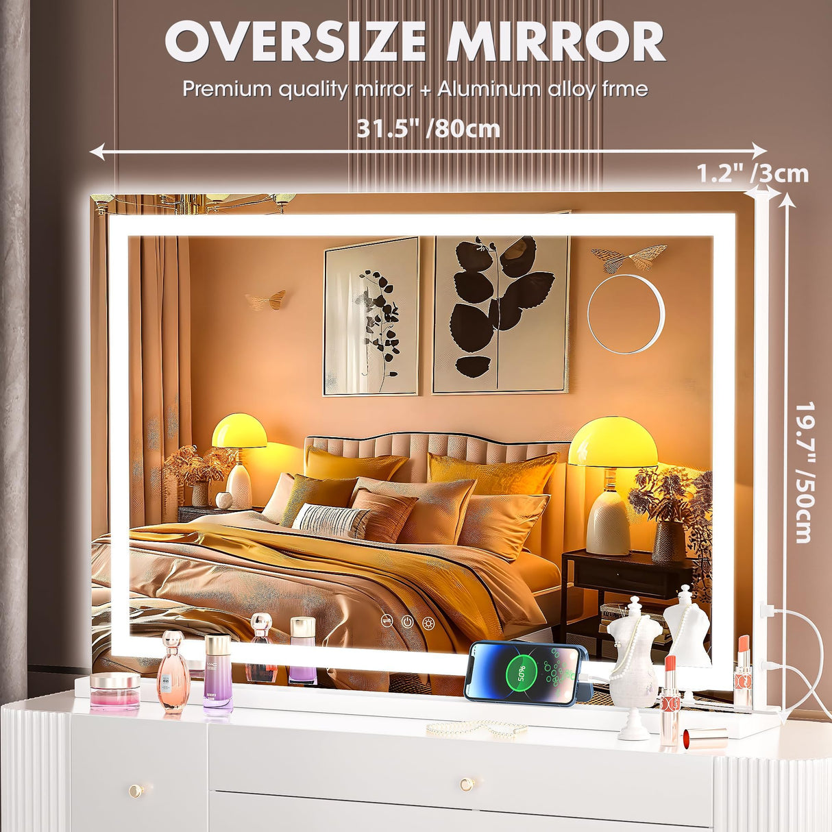 Hasipu Vanity Mirror with Lights, 32" x 20" LED Makeup Mirror, Lighted Makeup Mirror with Dimmable 3 Modes, Touch Screen Control Vanity Mirror Square White
