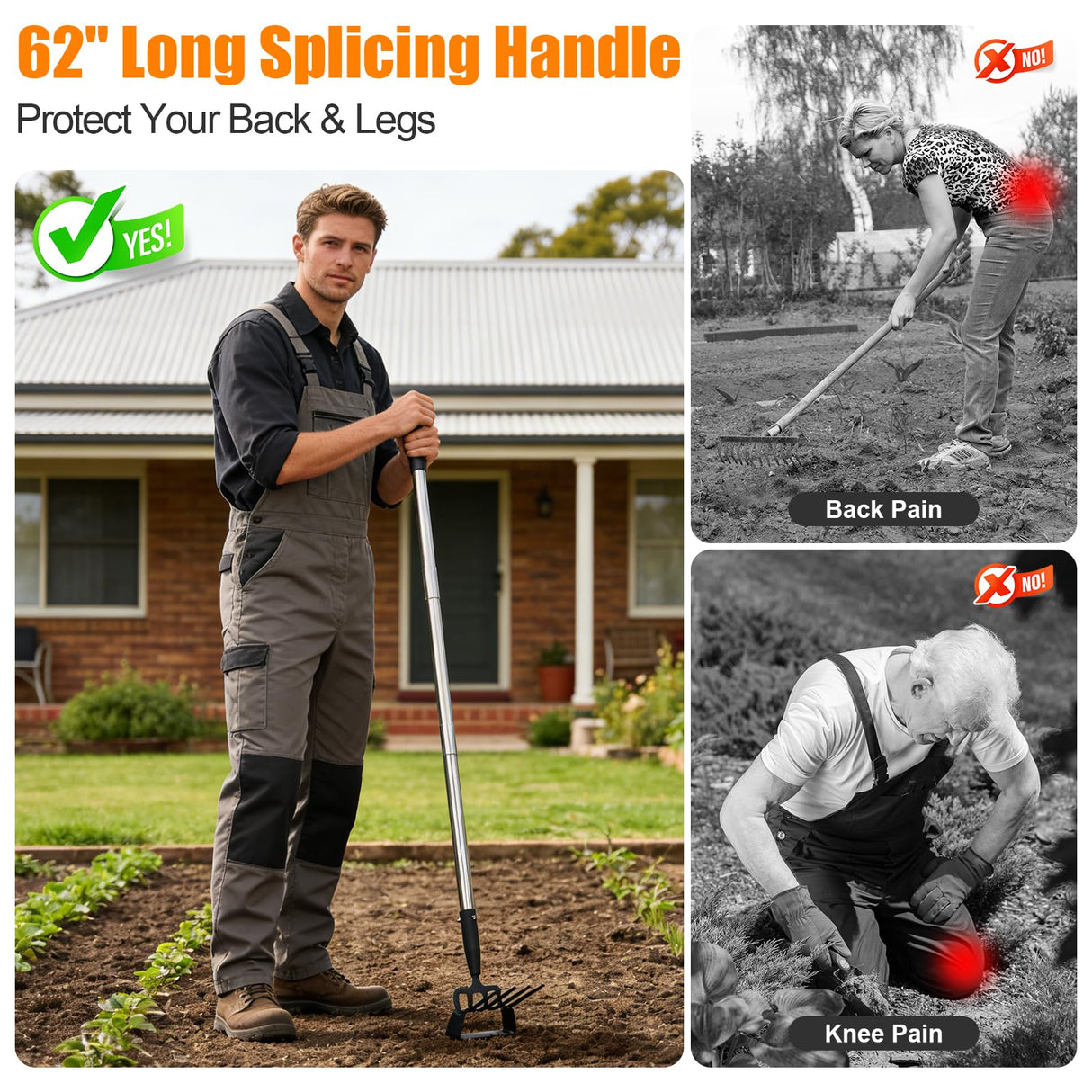 2-in-1 Heavy Duty Garden Hoe with 60" Adjustable Handle, Stirrup Hoe & Cultivator Weeding Rake - Lightweight Gardening Tool for Fast Weed Removal, Cultivating & Loosening Soil, Stainless Steel