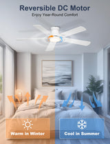 Phylluz 52'' Low Profile Ceiling Fan with Light, White Flush Mount Ceiling Fan for Low Ceilings, Quiet DC Motor, App/Remote Control, Modern Overhead Fan for Bedroom Living Room