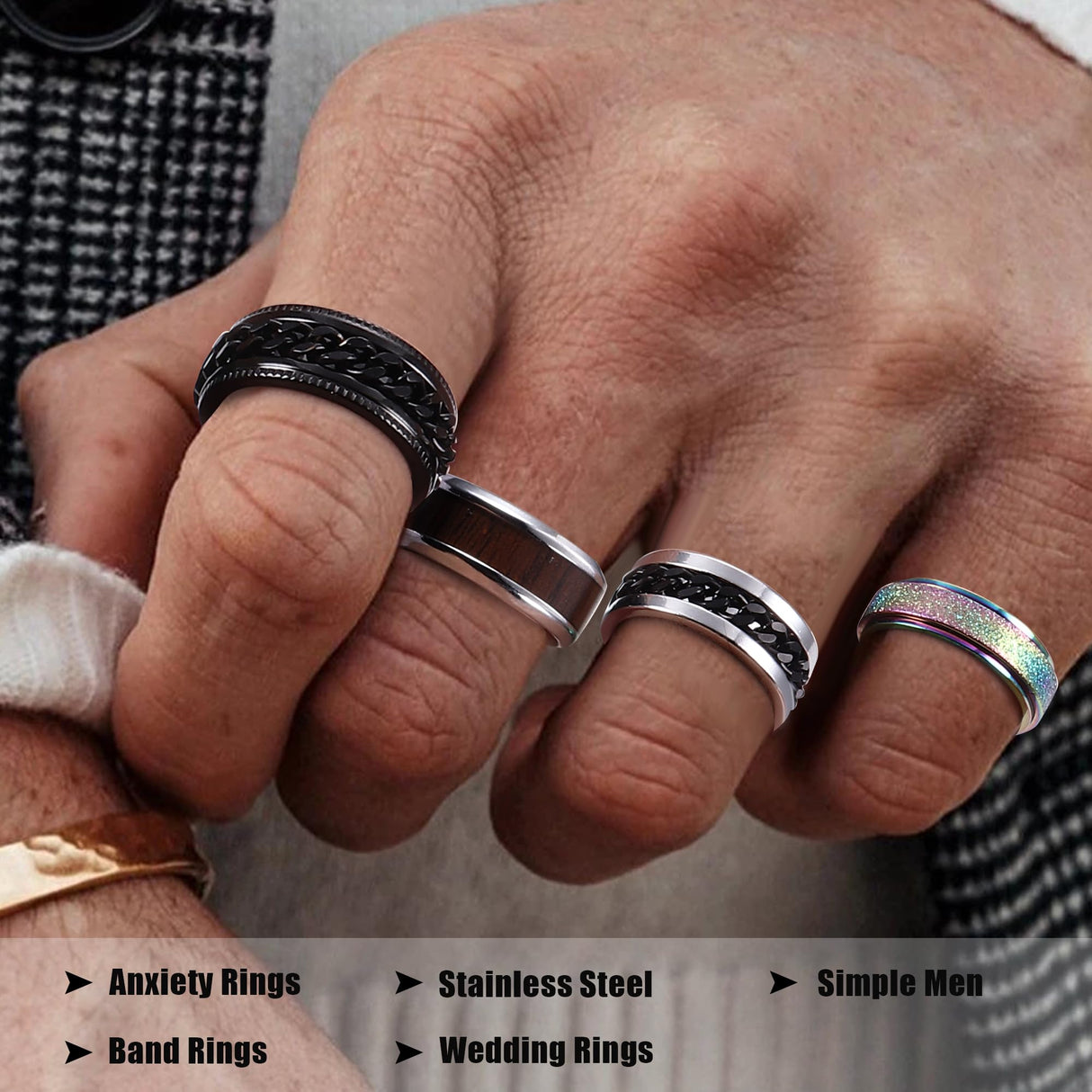 Besteel 16Pcs Stainless Steel Spinner Fidget Rings for Men Women Size 8