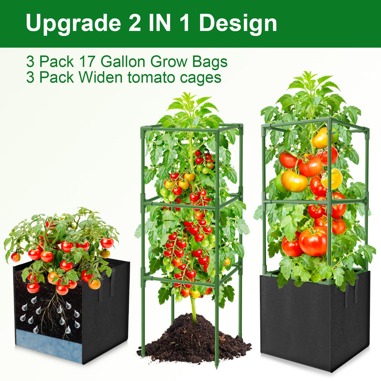 Laodier 3 Pack Tomato Cages, Square Tomato Trellis with 17 Gallon Grow Bags,47IN Tall Heavy Duty Tomato Plant Support Stakes for Garden Climbing Vegetables Flowers Fruits (Extra-Bold, 3 Pack)