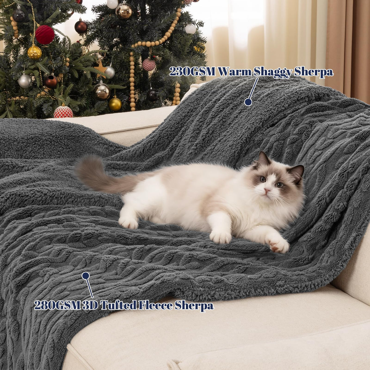PHF Fluffy Sherpa Blanket Queen Size for Winter, Warm and Soft, 510GSM 3D Jacquard Thick Shaggy Fleece Plush Blanket for Sofa Bed, Dark Grey, 90"x90"