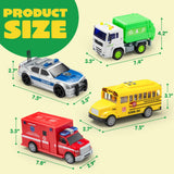 JOYIN 4 Pcs 7" Long Vehicle Toy Set, Toddlers Cars with Lights and Siren Sound, Including Play Police Car, School Bus, Garbage Truck, Ambulance, Birthday Christmas Party Gifts Toys for Boys 3-5