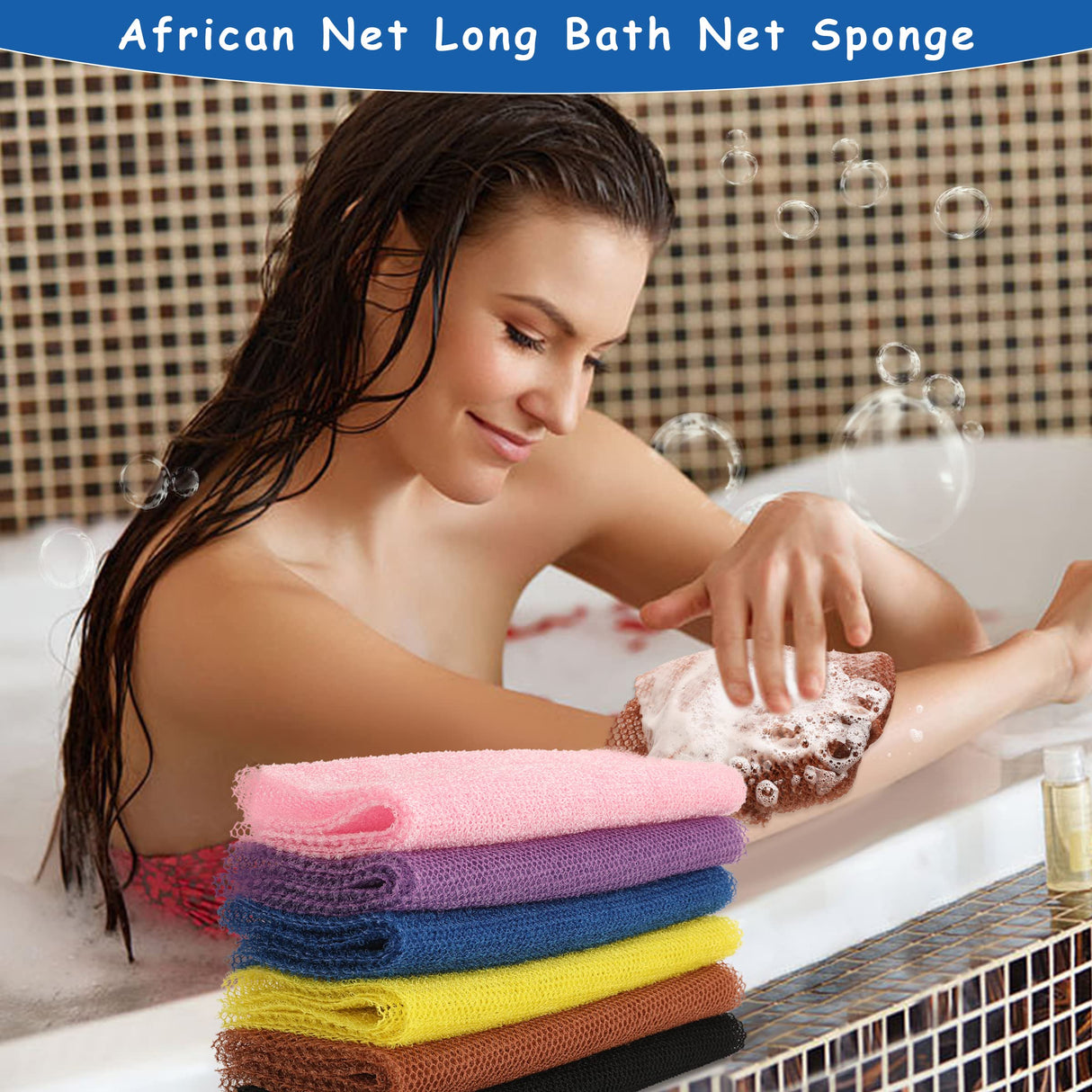 BHYTAKI 6 Pieces African Net Sponge African Exfoliating Net Long African Bath Sponge Washcloth Shower Net African Body Scrubber Net for Skin Smoother Daily Use(Pink,Yellow,Purple,Black,Blue,Brown)