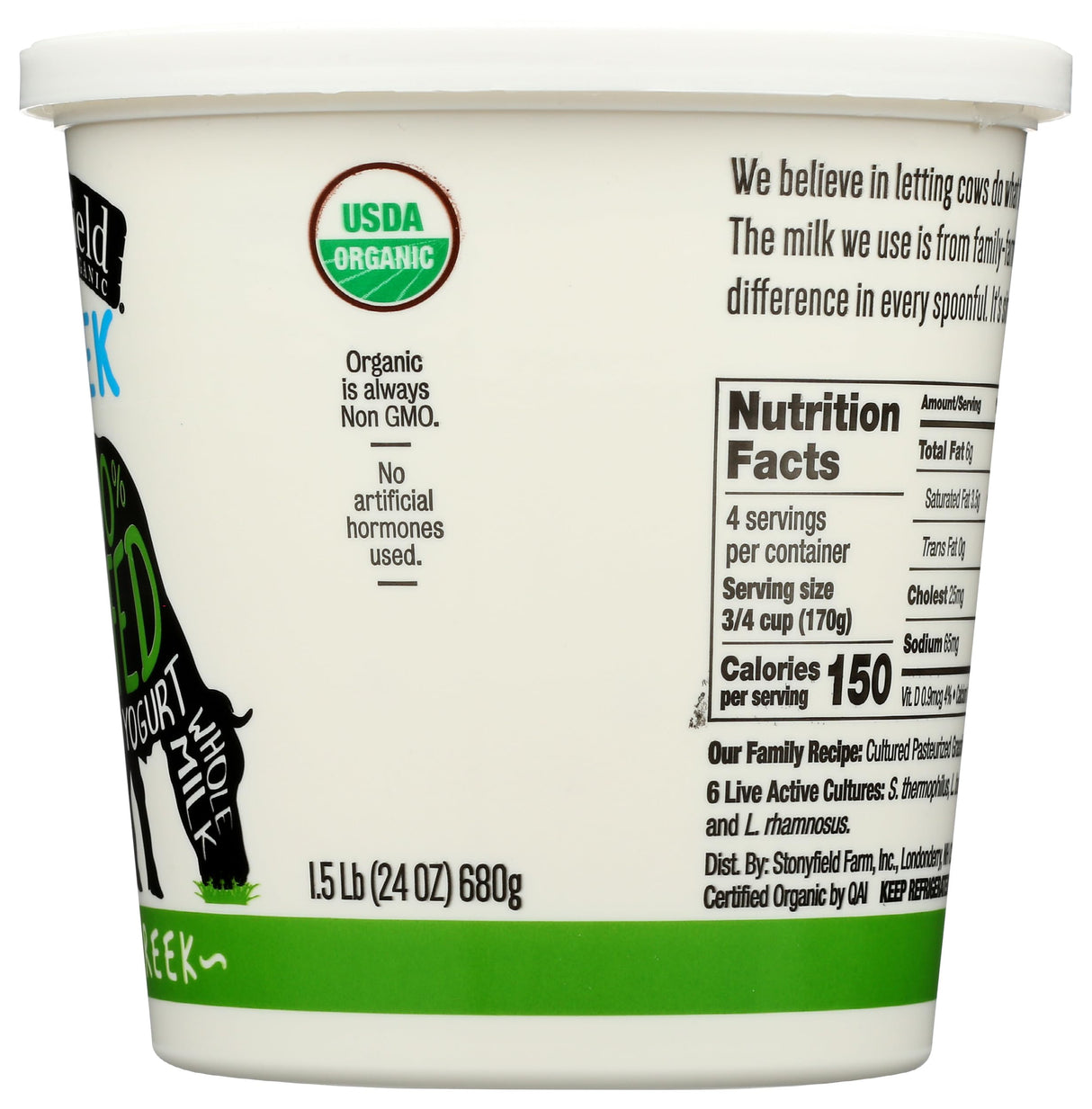 Stonyfield® Organic 100% Grassfed Plain Greek Whole Milk Yogurt 24 Oz. Tub (Pack of 1)