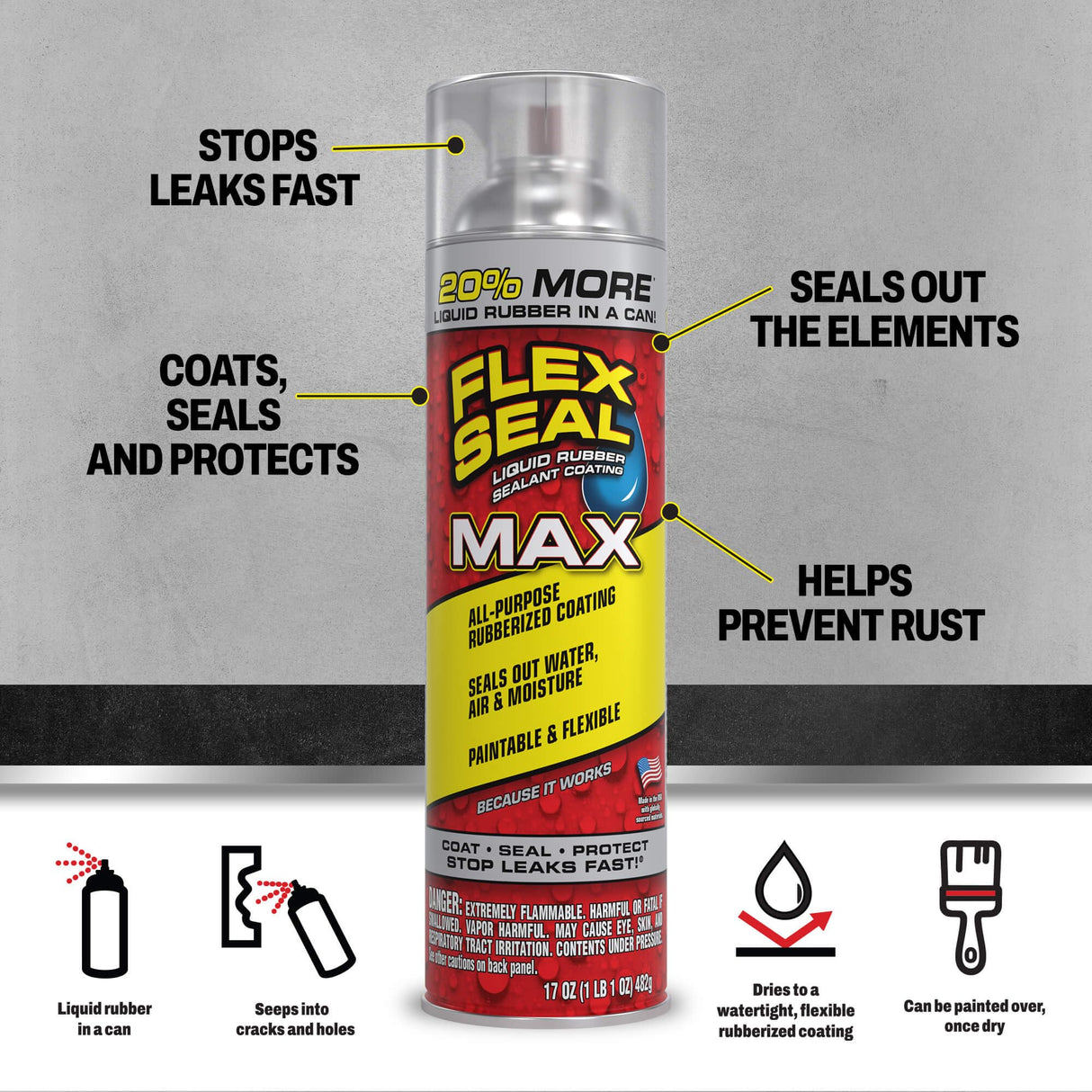 Flex Seal MAX, 17 oz, 1-Pack, Clear, Stop Leaks Instantly, Waterproof Rubber Spray On Sealant Coating, Perfect for Gutters, Wood, RV, Campers, Roof Repair, Skylights, Windows, and More