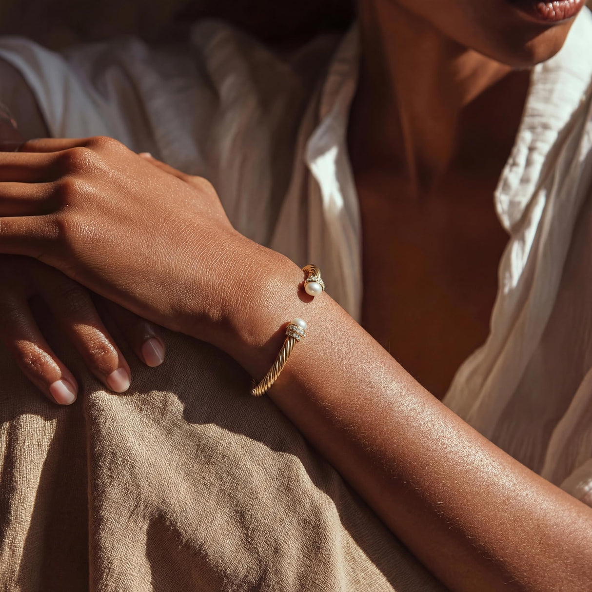 Fettero Gold Cuff Bangle Bracelets for Women - 14K Gold Plated Adjustable Open Cuff Friendship Bracelets Elegant Twisted Cable Bangle Bracelet Lightweight Pearl Bracelet for Dainty Jewelry