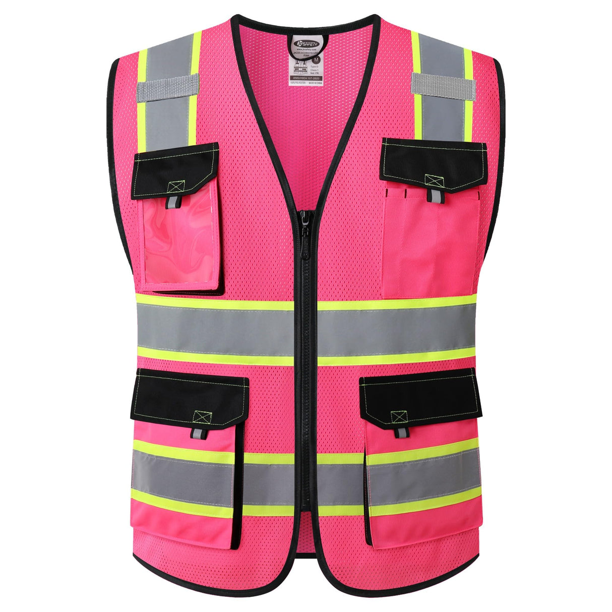 JKSafety Hi Vis Reflective Safety Vests for Men Women High Visibility Vest with Pockets Mesh Fabric Construction Safety Apparel Neon Vest for Work (220-Pink XXL)