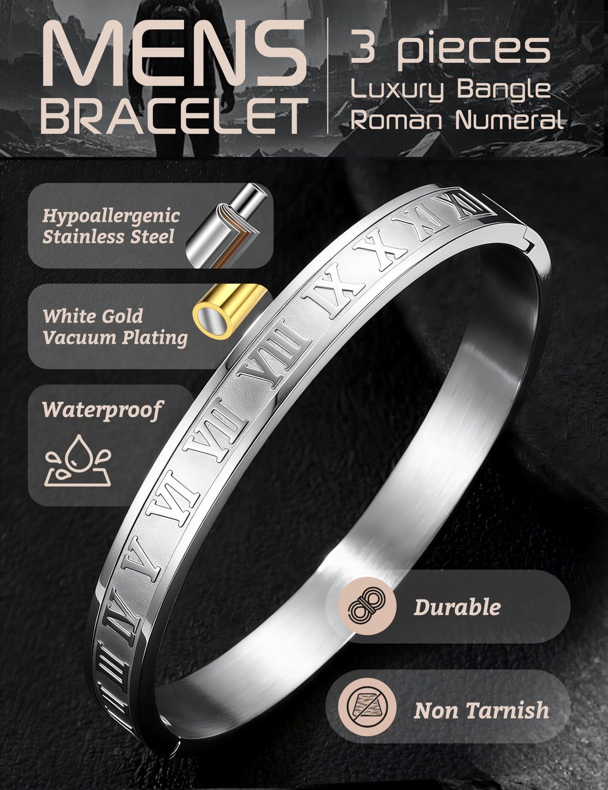 YADOCA 3Pcs Stainless Steel Bracelets for Men Roman Numeral Bangle Bracelet Adjustable Cuff Bracelet Twisted Cable Bracelet Mens Luxury Bracelets Jewelry Gifts Gold/Silver/Black
