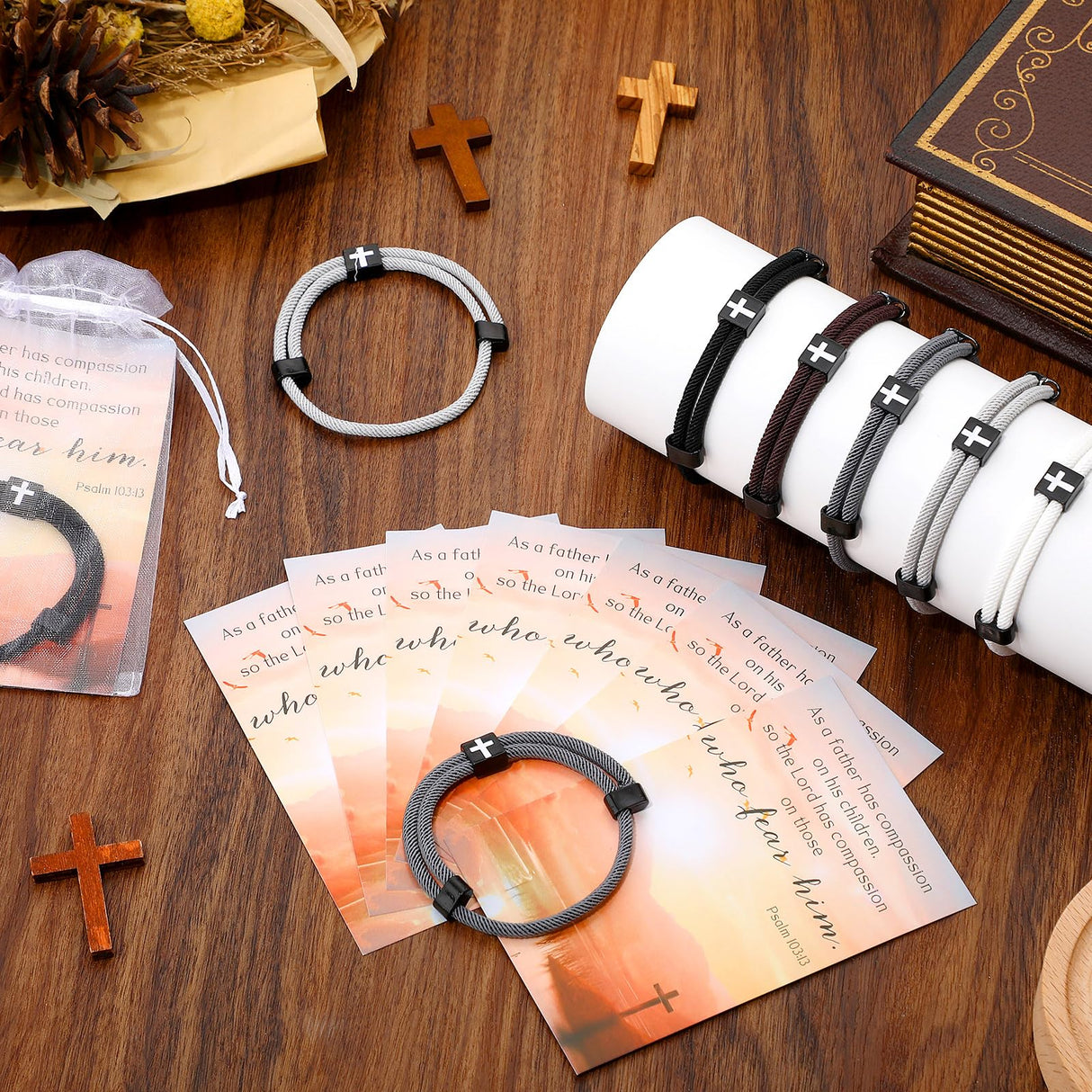 Tondiamo 20 Set Fathers Day Bracelet Gift for Church Cross Christian Adjustable Jesus Wristband Religious Blessed Dad Bible Verse Scripture Cards Organza Bag Basket Stuffers for Dad (Braided Style)