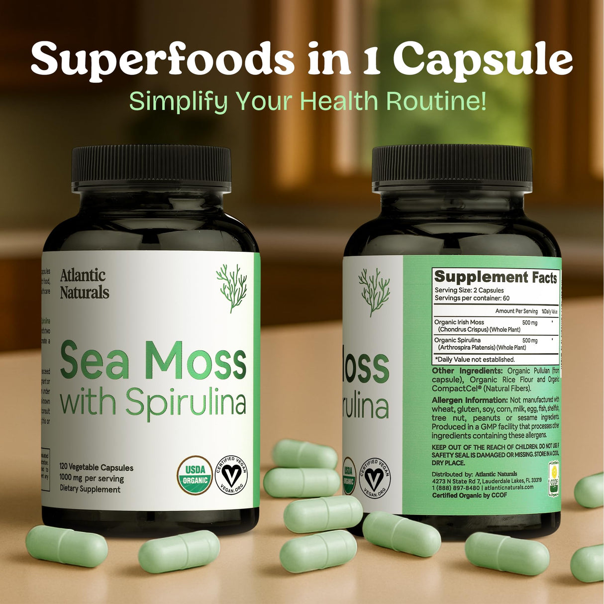 Atlantic Naturals Sea Moss with Spirulina Superfood Capsules - Multivitamin Supplement Supports Healthy Iron and Immune Health, Alternative to Seamoss Gel and Powder - Irish Sea Moss Capsules (120 ct)
