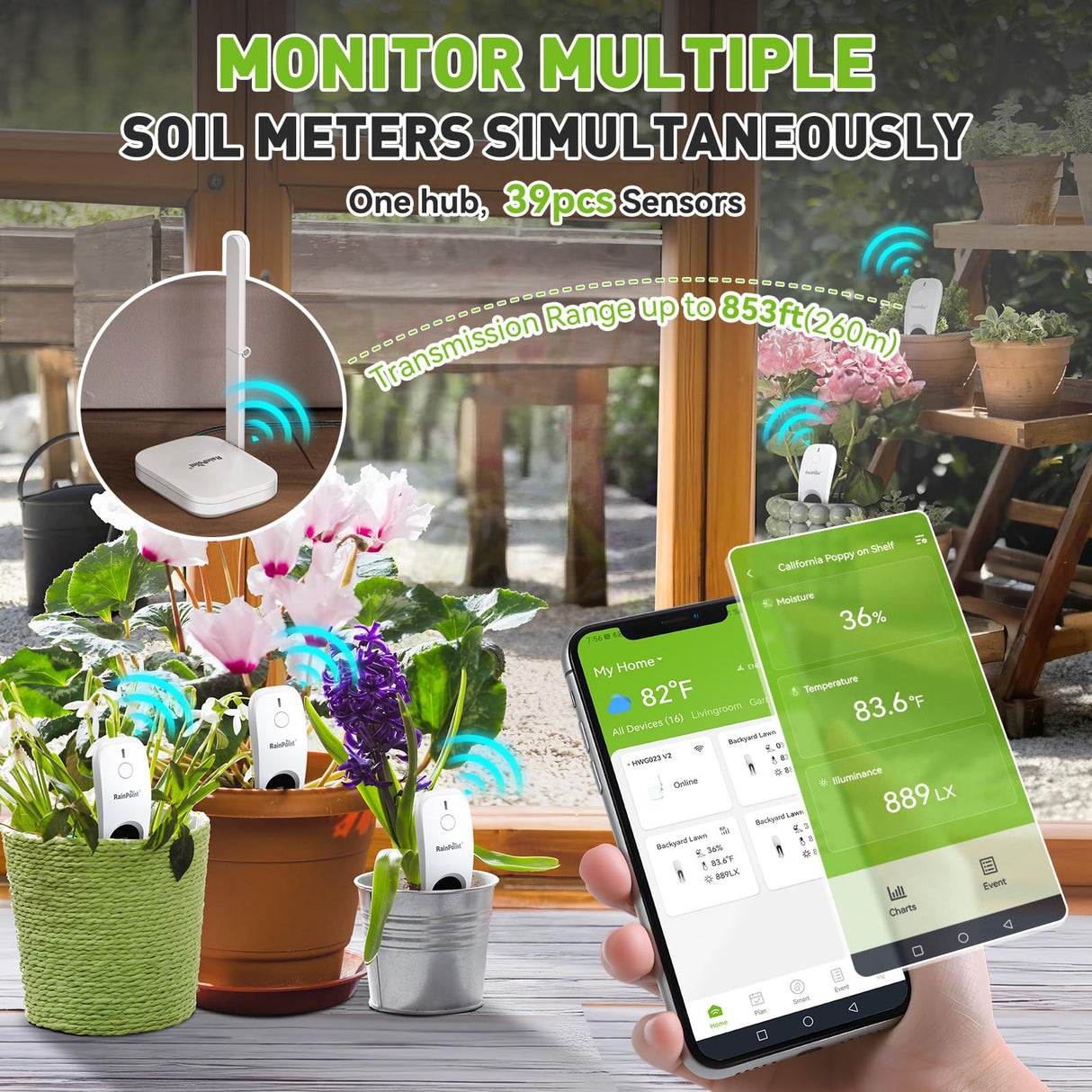 RainPoint 3-in-1 APP Remote Monitoring WiFi Soil Meter Indoor/Outdoor