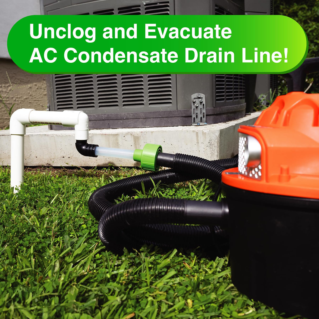 EZVAC - AC Drain Line Cleaner Adapter Evacuates & Unclog AC Drain Line - HVAC to PVC AC Drain Line Cleaner Tool - Universal Fit AC Drain Line Unclogger - AC Drain Line Cleaning Tool - Clear Visibility