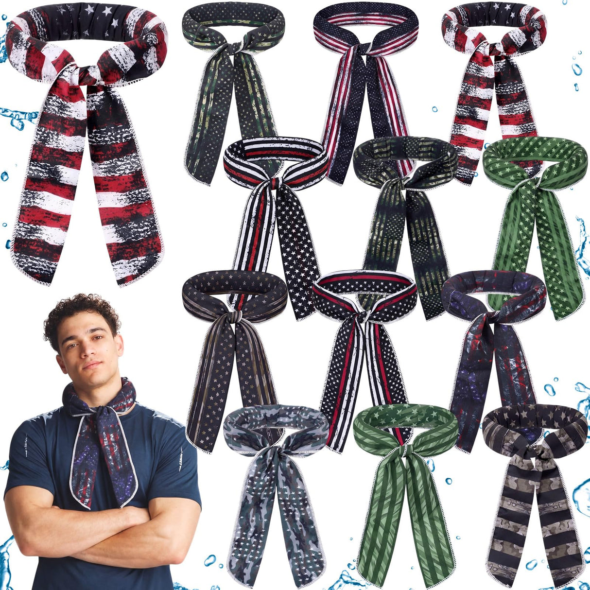 Lenwen 12 Pcs Cooling Neck Wraps Flag Ice Cool Scarf Neck Cooler Bandana Headband for Summer Hot Weather Women Men Golf Riding Outdoor