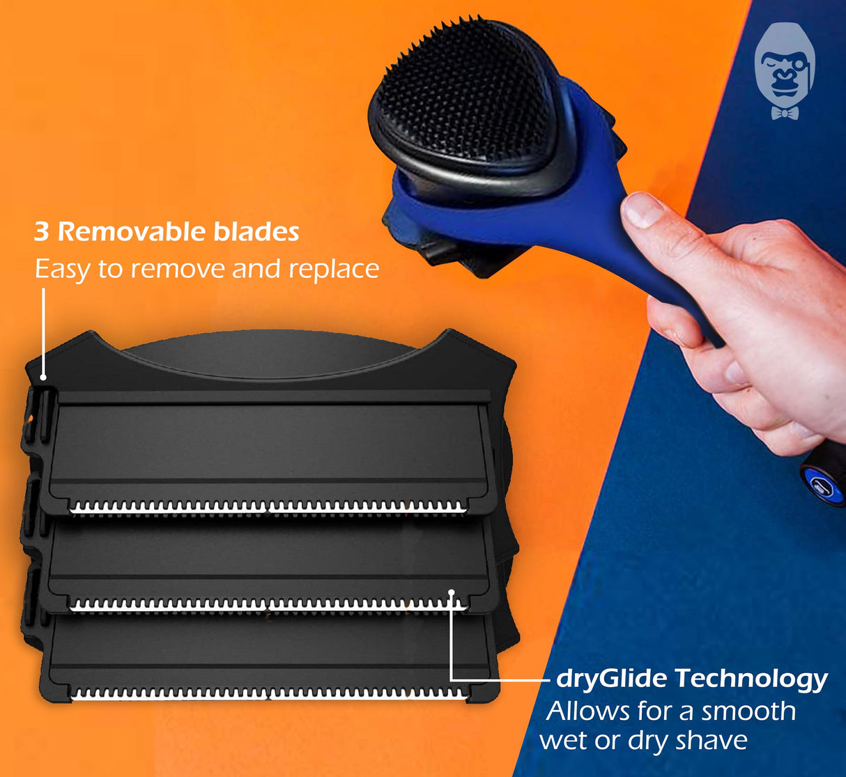 BAKblade 2.0/ELITE PLUS - Back Hair Removal and Body Shaver (DIY), Easy to Use Ergonomic Handle for a Close, Pain-Free Shave, 3 of the Wet or Dry Disposable Razor Blades, Scrubbing Sleeve Included
