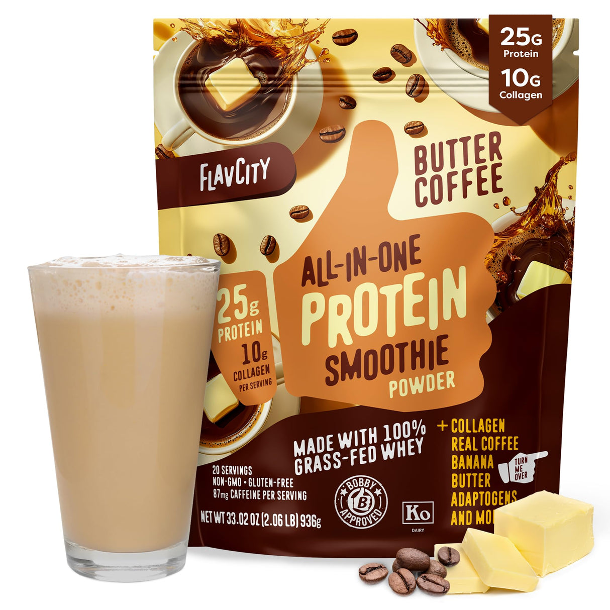 FlavCity Grass Fed Whey Protein Powder - Butter Coffee - 25g Protein, 10g Collagen & 87mg Caffeine - Made with Organic Reishi & Cordyceps - Gluten Free & No Added Sugars (20 Servings)