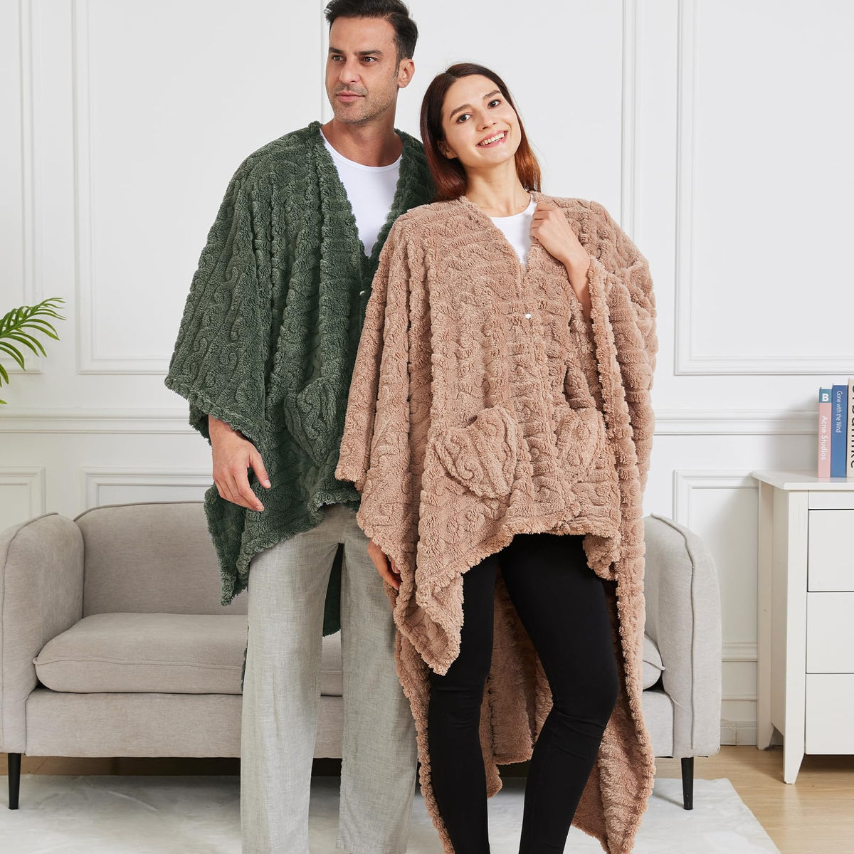 Dgsfmi Wearable Blanket Poncho Cape Wrap for Adult, Cozy Sherpa Fleece Pocketed Shawl TV Throw Blankets for Office and Lounge,Green