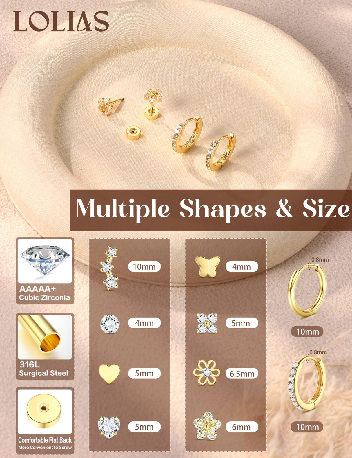 LOLIAS 10Pairs Flat Back Earrings for Women Girls Hypoallergenic Gold Stud