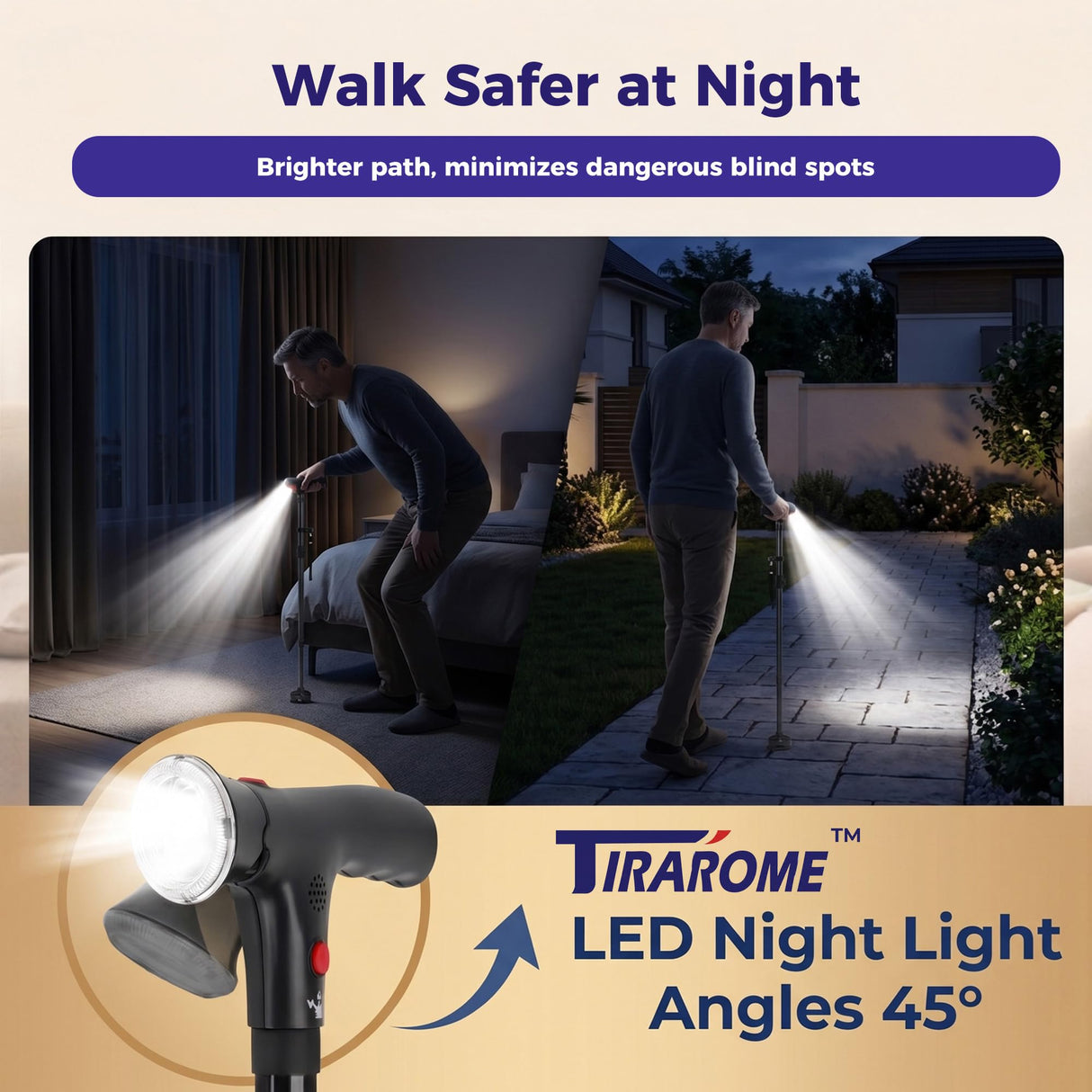 Walking Cane for Men & Women, 3-in-1 Folding Cane with Alarm and Light, Adjustable, Collapsible Walking Stick for Seniors and Adults Balance with a Second Handle