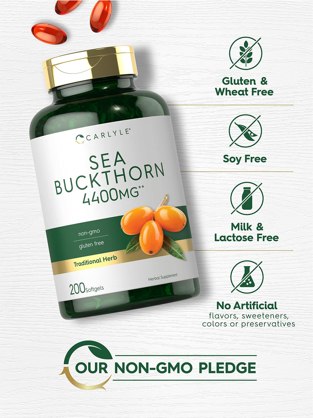Carlyle Sea Buckthorn Oil Capsules 4400mg | 200 Softgels | Non-GMO, Gluten Free | Sea Buckthorn Berry Oil Supplement