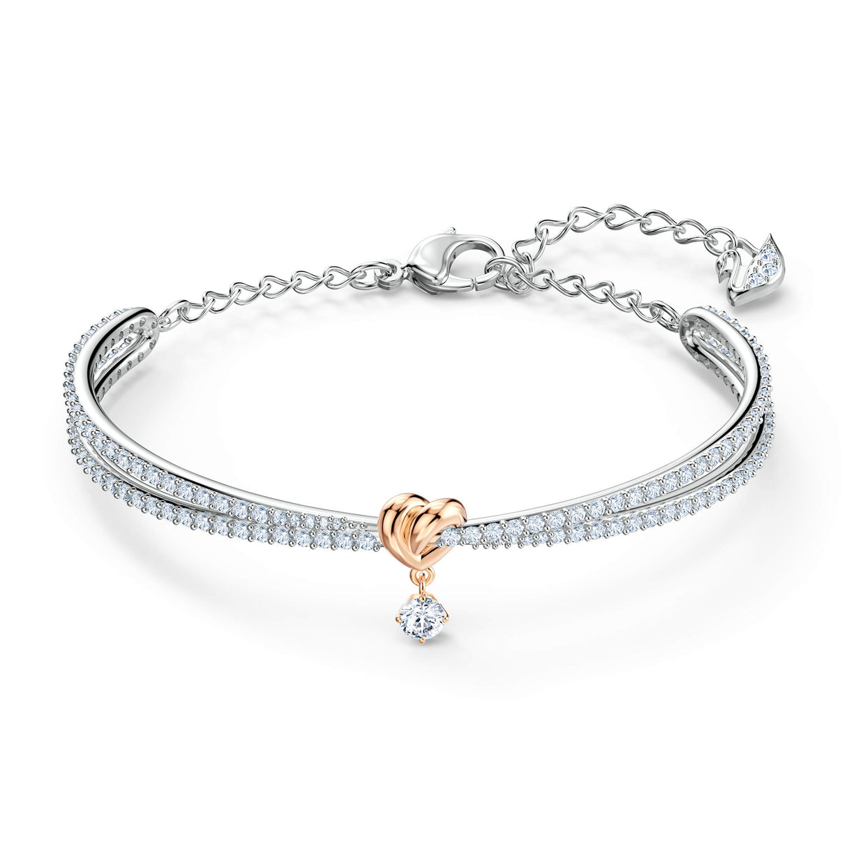 Swarovski Lifelong Heart Bangle, Clear Stones and Rose Gold-Finished Heart Motif in Rhodium-Finished Setting, Part of the Lifelong Heart Collection