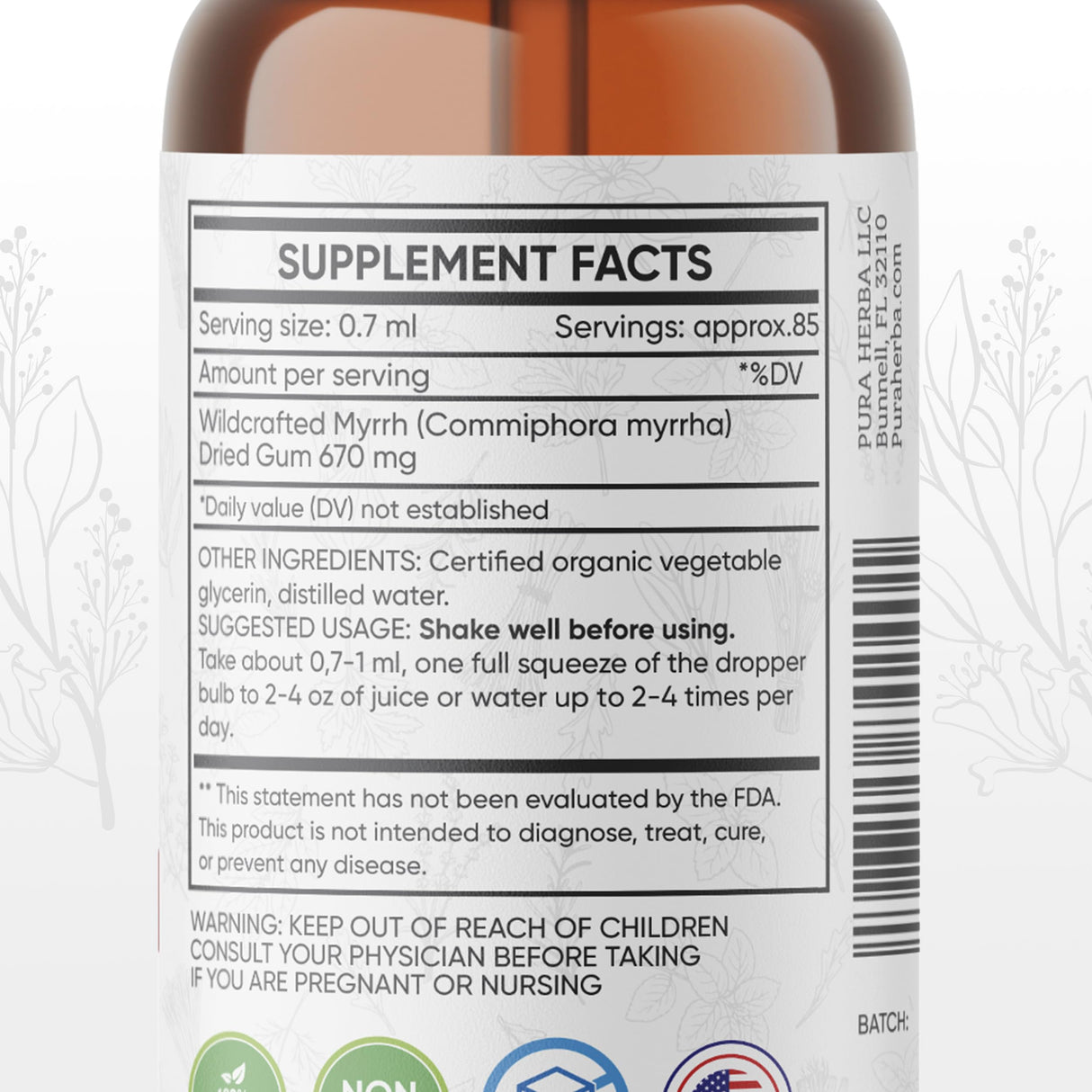 Pura Herba Organic Myrrh Liquid Extract - Alcohol-Free Tincture Drops | Non-GMO, Vegan, Gluten-Free Herbal Supplement | 2 Fl Oz | Made in USA