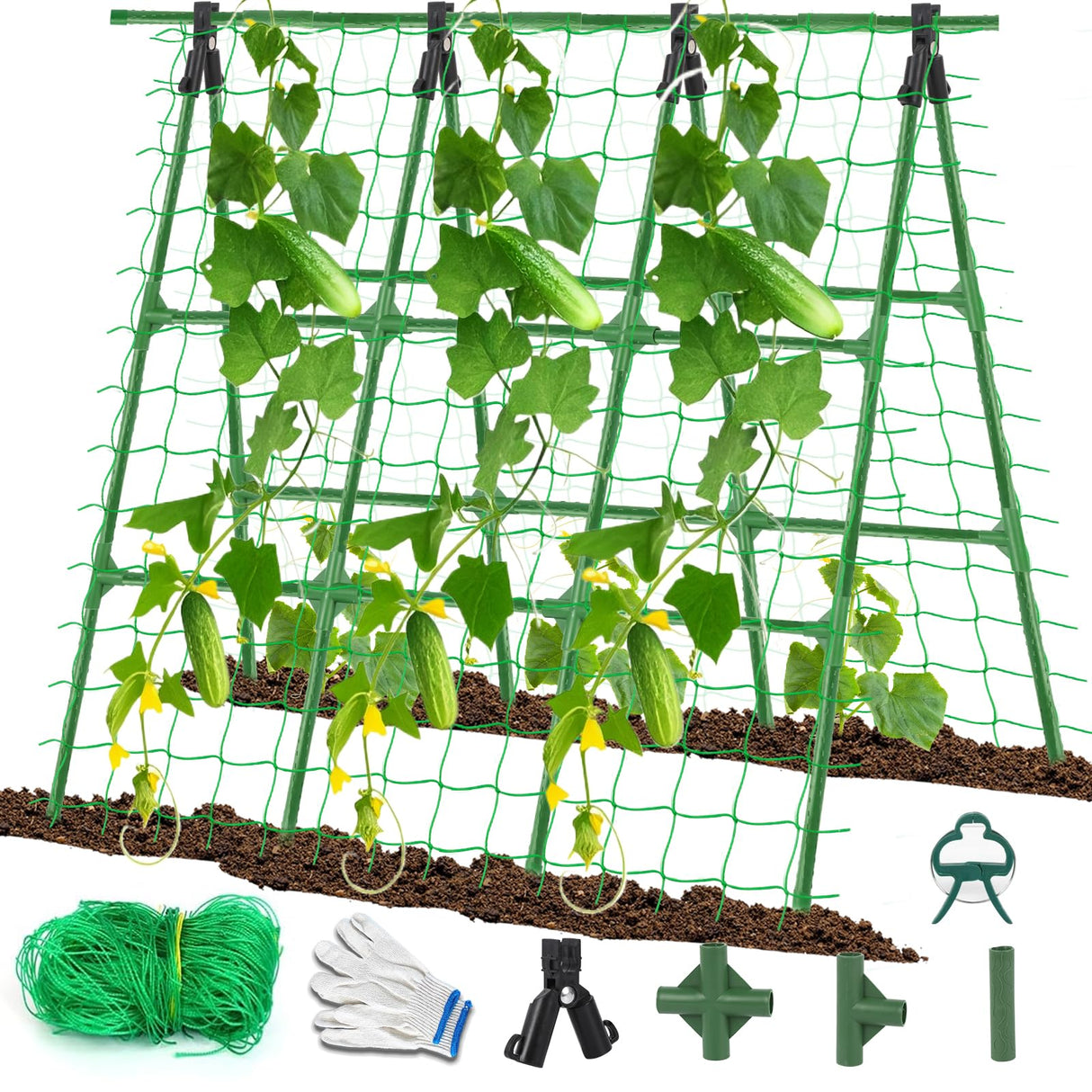 A-Frame Cucumber Trellis for Raised Bed - 47 x 47in, Heavy-Duty Detachable Garden Trellis with Netting & Clips, Support for Climbing Outdoor Cucumber, Tomatoes, Luffa, Bitter Melon, Vining Flowers