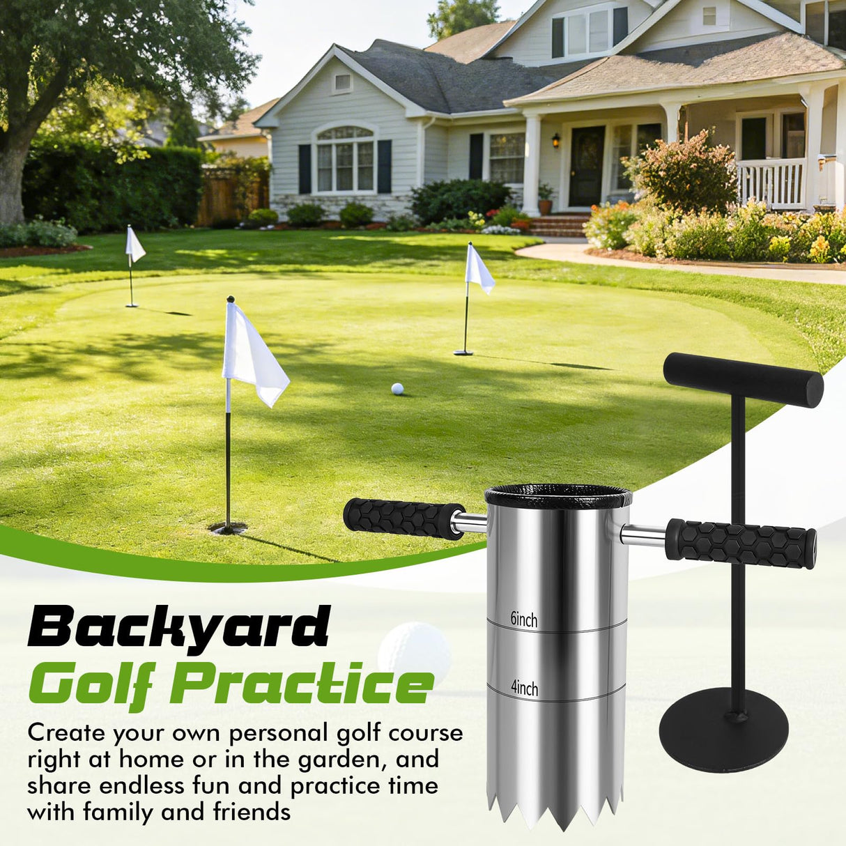 Somivrusa Portable Golf Hole Cutter 4" & 6" Golf Cup Digger, USGA-Standard Detachable Handle Stainless Steel Hole Digger for Backyard, Garden & Outdoor Golf Putting