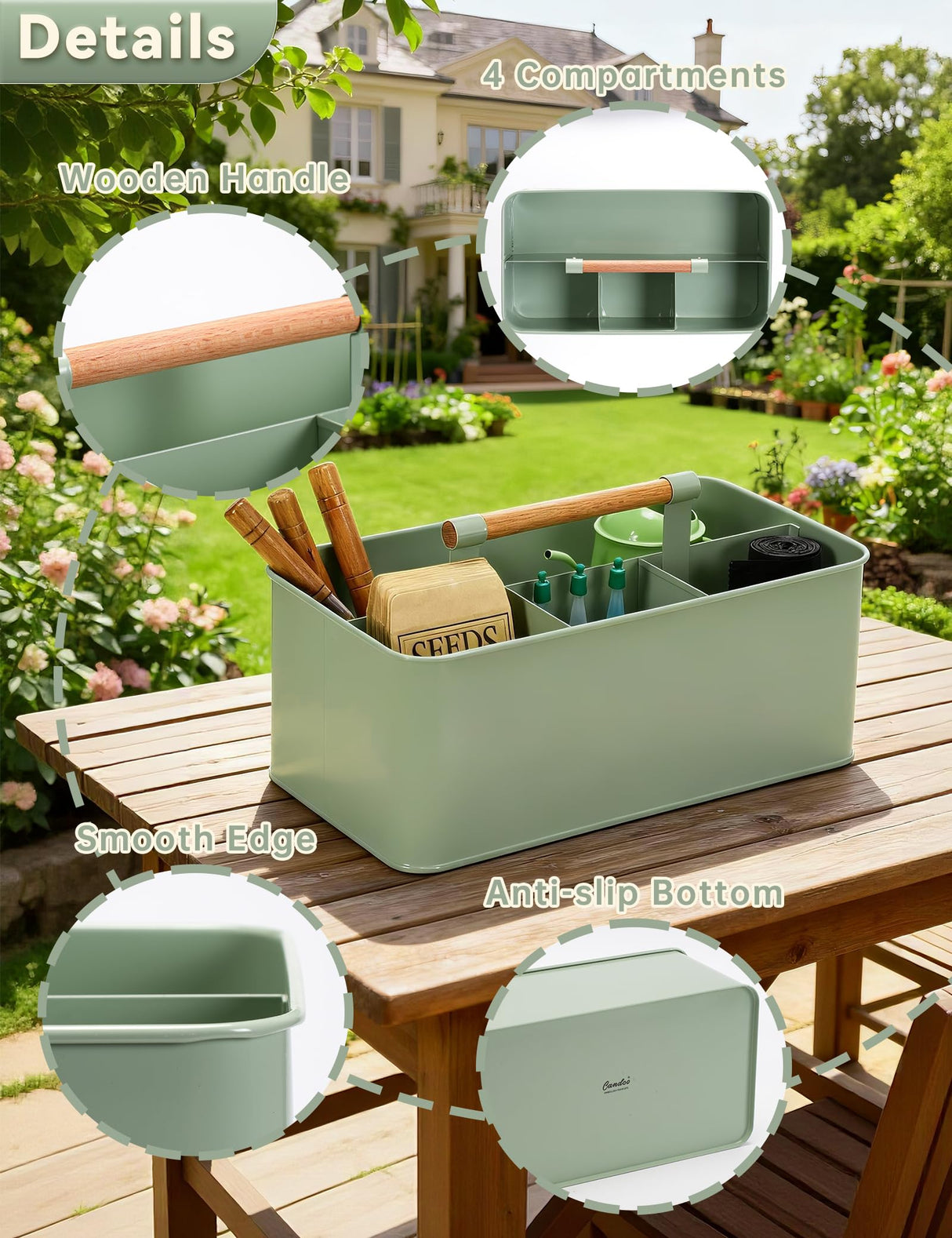 Candco Gardening Tool Caddy, Garden Tool Basket with 4 Compartments, Metal Garden Caddy with Wooden Handle for Indoor & Outdoor
