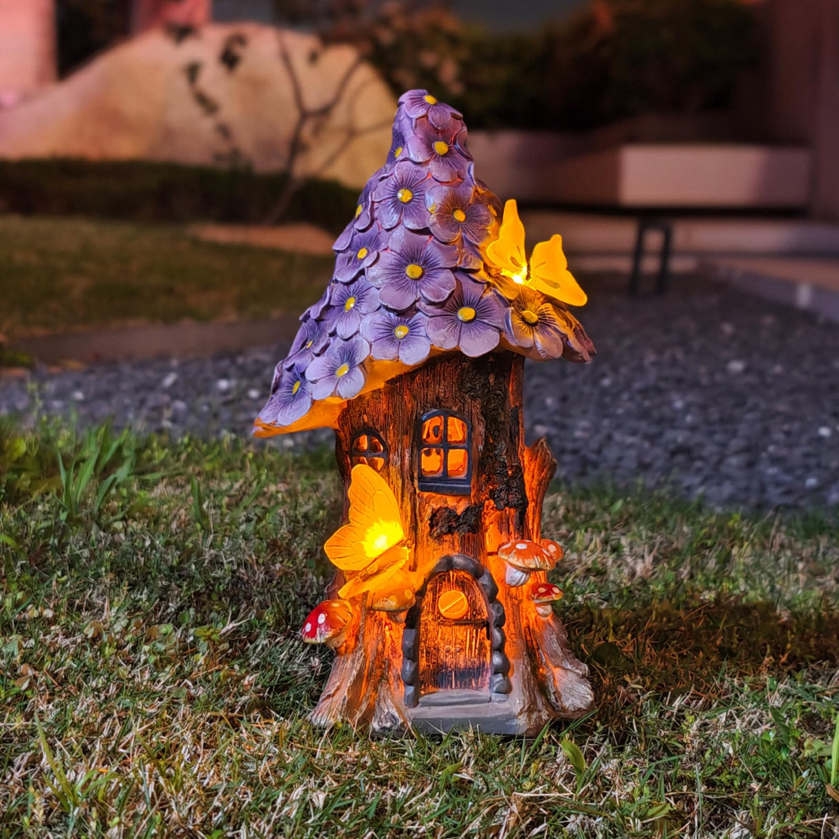 COWOS Mushroom House Statue, Garden Decor Outdoor Solar Statues, Solar Garden Statue Lights, Fairy Garden Decorations, Mushroom Fairy House Figurine with Butterflies and Flowers for Yard Decor