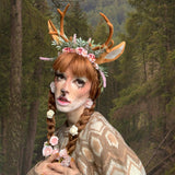 MOSTORY Handmade Antler Headband Brown - Adjustable Reindeer Horns Crown with Ears Fairy Flower Woodland Headpiece for Renaissance Christmas Cosplay Prom Fae Ball Costume Photo Prop