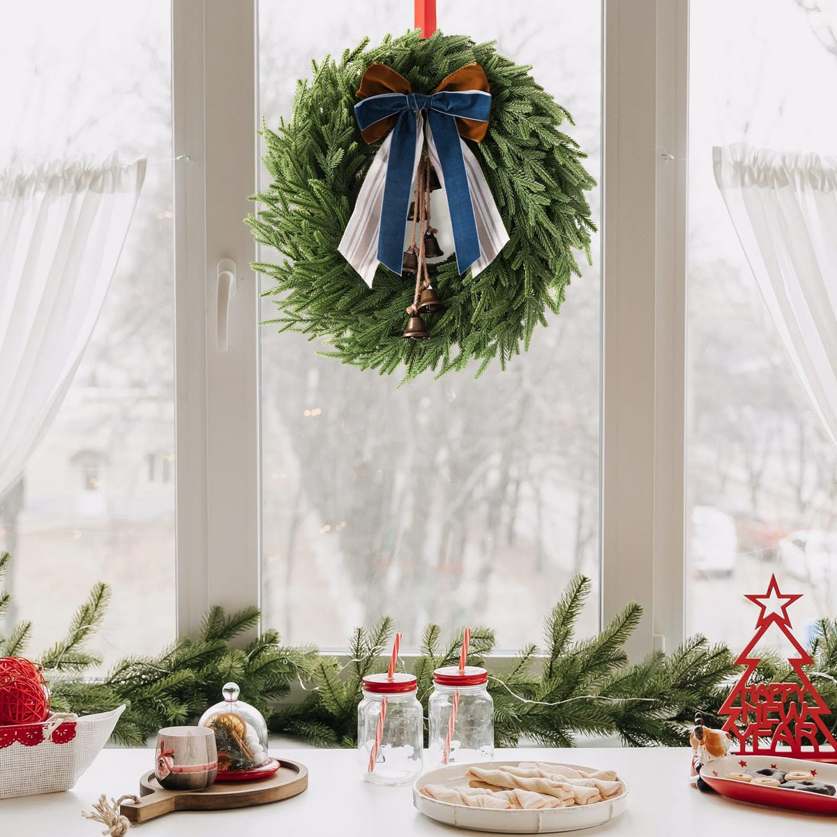 Christmas Decor, 22" Norfolk Pine Christmas Wreath with Bells and Ribbon