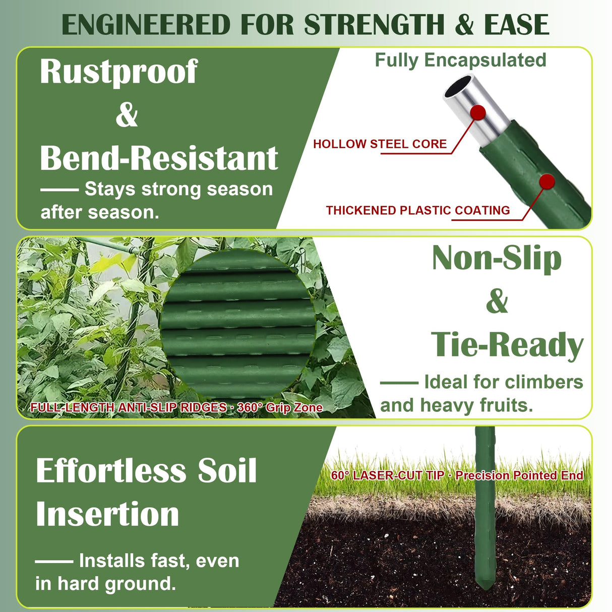 FORUP Garden Stakes, 25 Pack Steel Plant Stakes with Plastic Coating for Climbing Plants, Tomato Eggplant Bean Support, Rust-Resistant Outdoor Garden Stakes (58 Inch)
