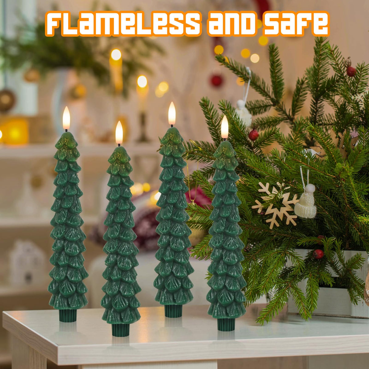 Lasumora Christmas Tree Candles with Remote Timer, 4 Pcs Waxy Flameless Taper Candles Flickering, Battery Operated LED Candlesticks with 3D Flame Wick, Green Window Candle for Christmas Decorations