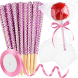 ASTARON 24 Pack Glitter Bling Candy Apple Sticks and Bags, Cake Pop Sticks Kit Including Caramel Apple Sticks with Ribbon and Chocolate Apple Packaging Bags for Party Supplies (Pink)
