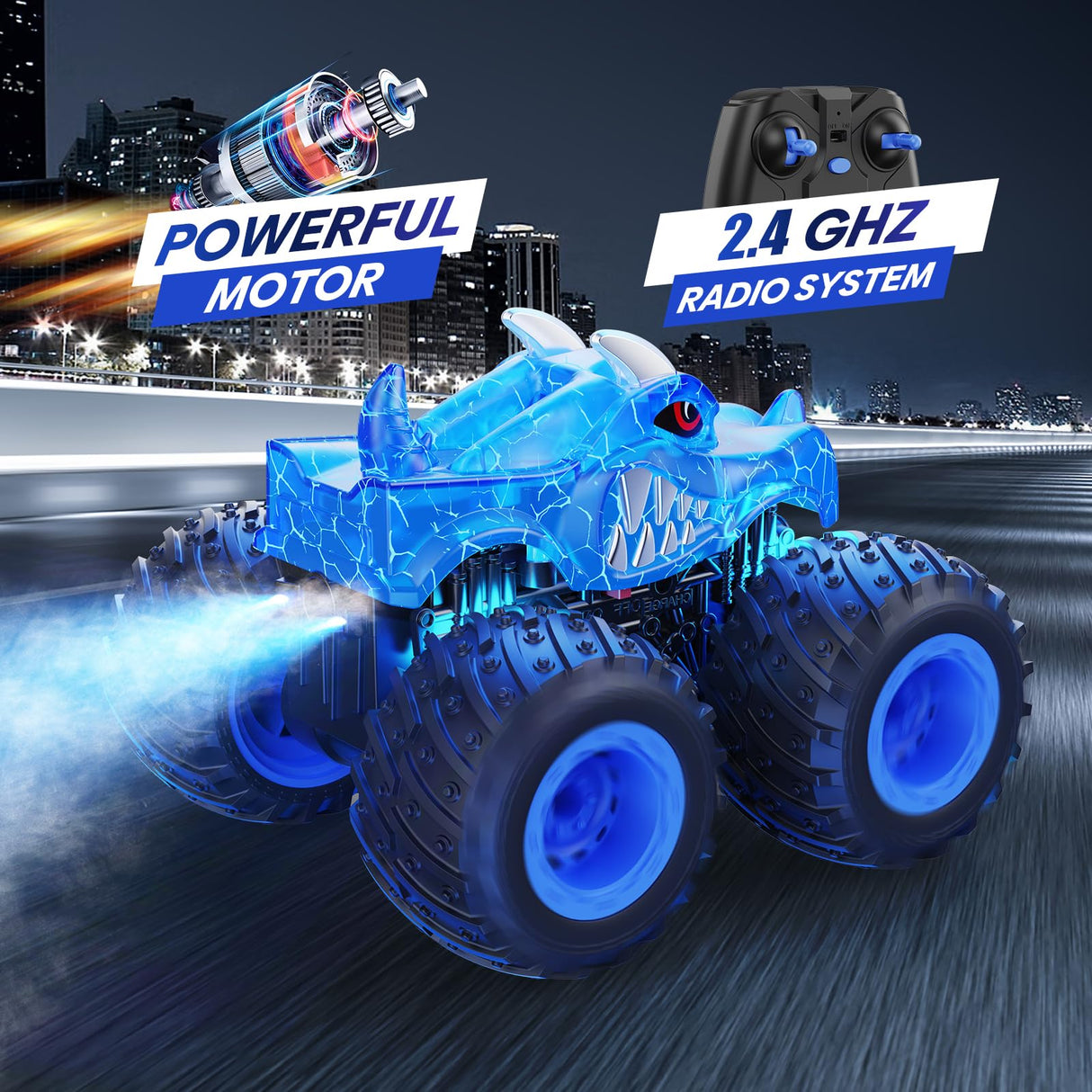 BAODLON Remote Control Monster Car, 2.4GHz RC Monster Trucks Toys for 3 4 5 6 7 8 Years Old Boys Kids, All Terrain RC Truck Off Road with Spray, Light, Rechargeable Battery, Christmas Birthday Gifts