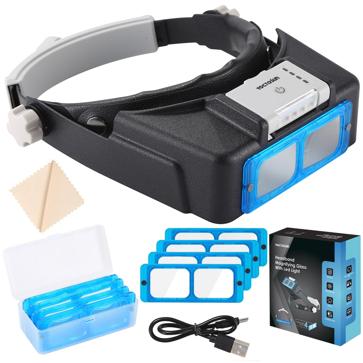YOCTOSUN Headband Magnifying Glass with Light, Rechargeable Magnifying Glasses for Close Work, 1.5X-3.5X Head Magnifier with 4 Lenses, Hands Free Magnifier Glass Visor for Jewelers, Crafts, Hobby