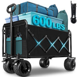 Beach Wagon with Big Wheels for Sand: 600LBS All Terrain Collapsible Beach Cart Foldable - Portable Heavy Duty Folding Utility Wagon Cart for Groceries Shopping Outdoor Camping Sports