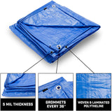 Grizzly Tarps by B-Air 10' x 14' Large Multi-Purpose Waterproof Heavy Duty Poly Tarp with Grommets Every 36", 8x8 Weave, 5 Mil Thick, for Home, Boats, Cars, Camping, Protective Cover, Blue